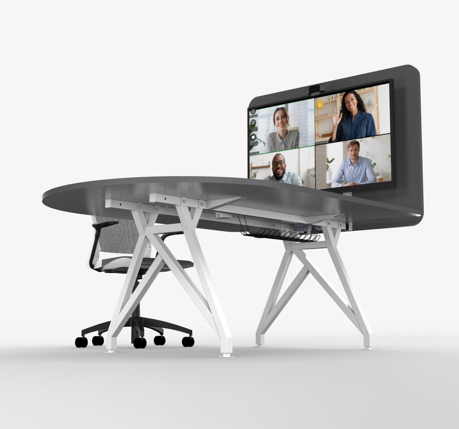 TeleMeet Moon-Shape Conference Table with Media Panel Grey Under