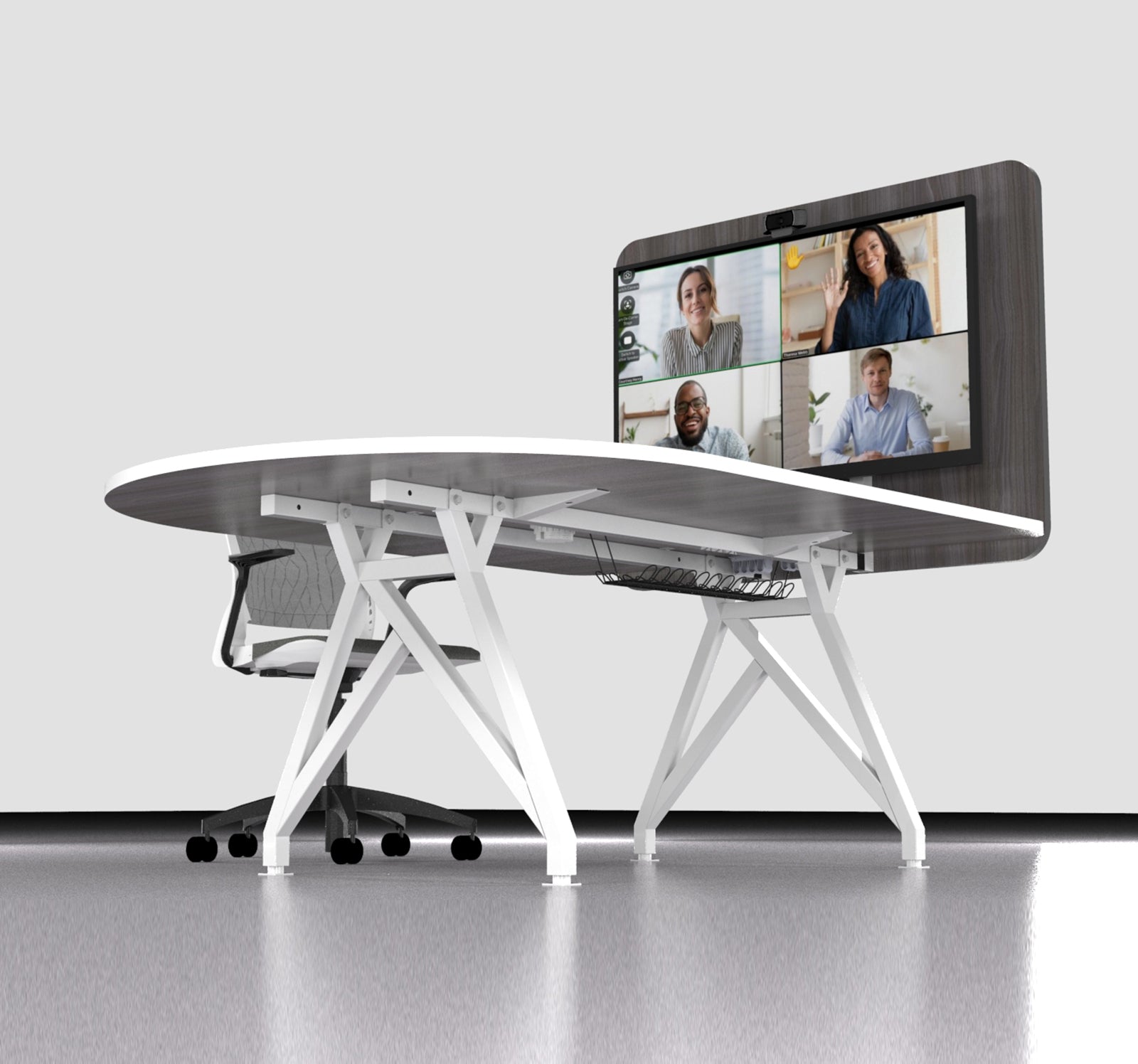 TeleMeet Moon-Shape Conference Table with Media Panel Grey under