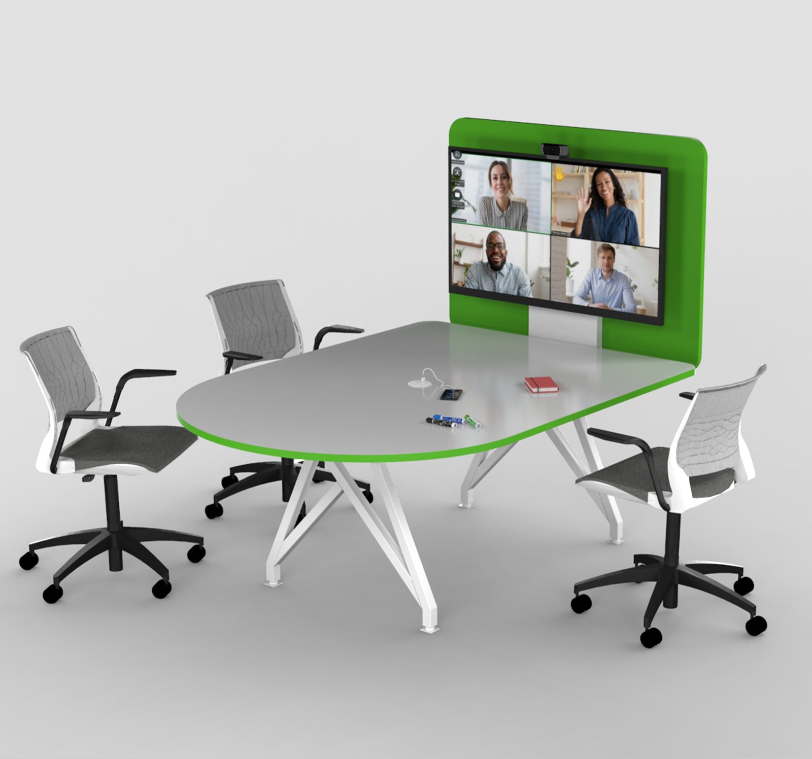 TeleMeet Moon-Shape Conference Table with Media Panel Green